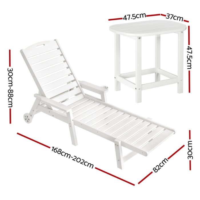 Gardeon Sun Lounge Lounger Beach Chair HDPE Patio Outdoor Furniture with Wheels White - Image 2