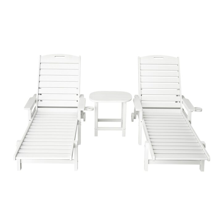 Gardeon Sun Lounge Lounger Beach Chair HDPE Patio Outdoor Furniture with Wheels White - Image 3