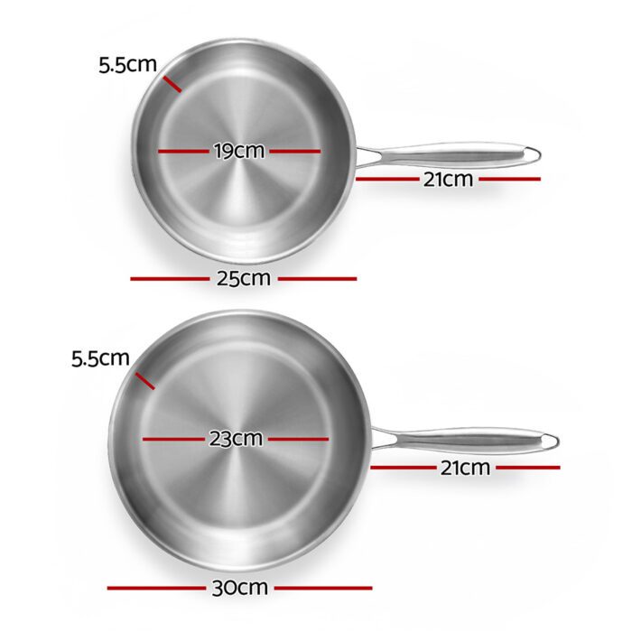 5-star Chef Frying Pan Stainless Steel Uncoated Twin Frypan Set 25/30cm Silver - Image 2