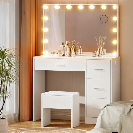 Artiss Dressing Table Set Stool 15 Led Bulbs White Darcy