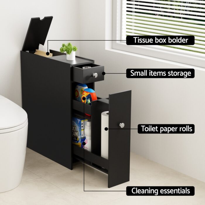 Artiss Bathroom Storage Cabinet Toilet Slim Tissue Box Caddy Holder Side Wooden Black - Image 4