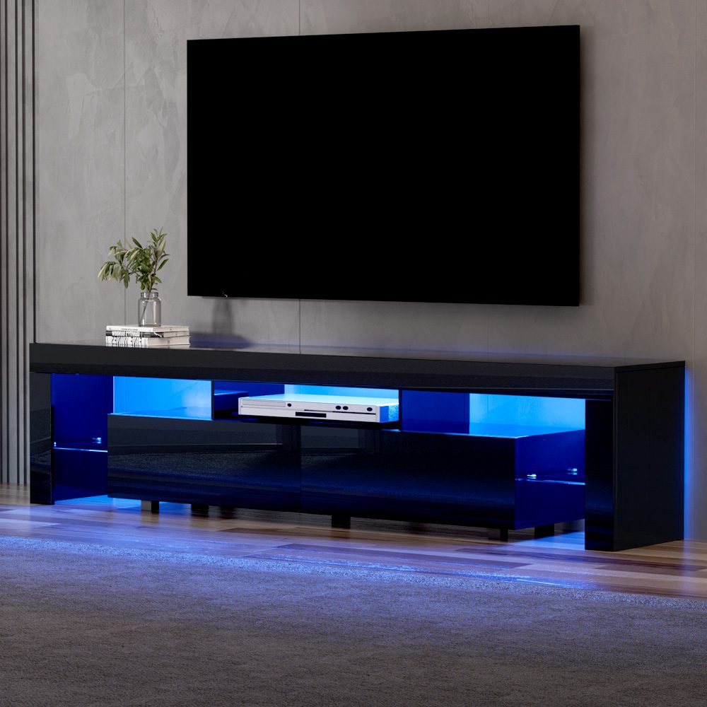 FURNI-L-LED-GS-TV200-BK-AB-98157-04 Artiss TV Cabinet Entertainment Unit Stand RGB LED Gloss Furniture 200cm Black - Image 1