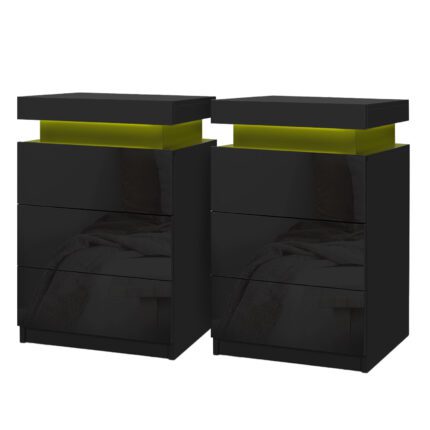 Artiss 2X Bedside Table LED 3 Drawers - COLEY Black