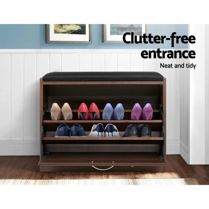 Artiss Shoe Rack Cabinet Bench15 Pairs Walnut Kyla - Image 3