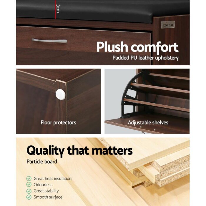 Artiss Shoe Rack Cabinet Bench15 Pairs Walnut Kyla - Image 4