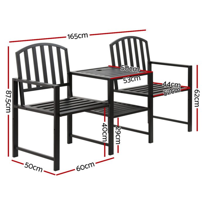 Gardeon Outdoor Garden Bench Seat Loveseat Steel Table Chairs Patio Furniture Black - Image 2