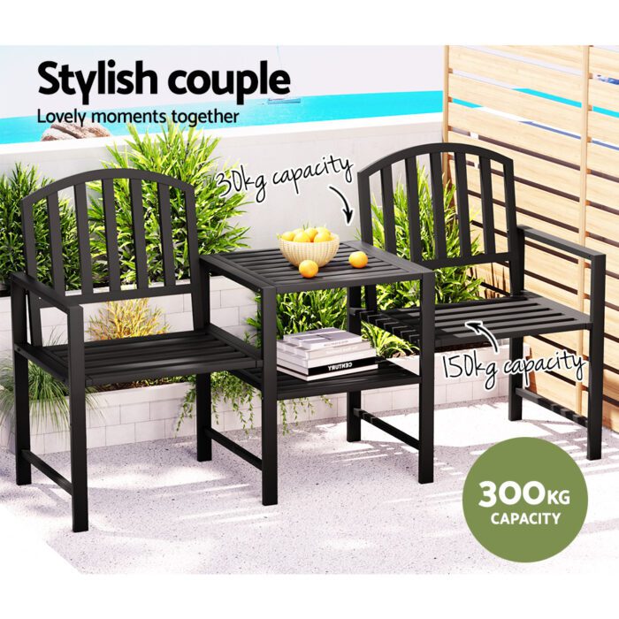 Gardeon Outdoor Garden Bench Seat Loveseat Steel Table Chairs Patio Furniture Black - Image 5