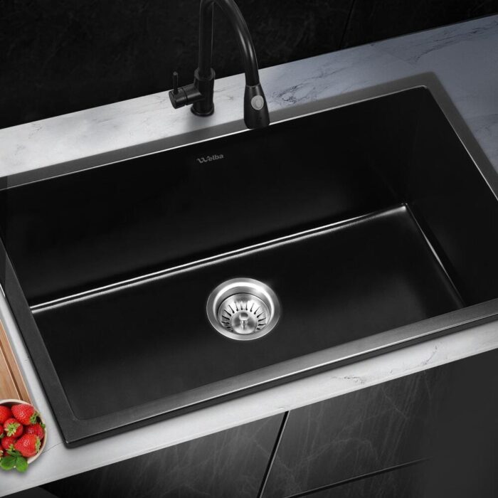 Welba Kitchen Sink 70x45cm Granite Basin Single Bowl Black - Image 2