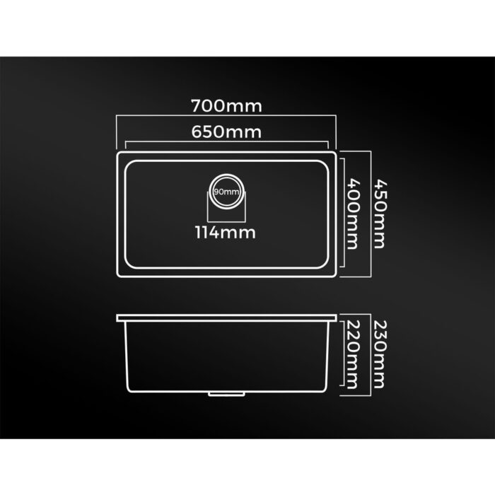 Welba Kitchen Sink 70x45cm Granite Basin Single Bowl Black - Image 3