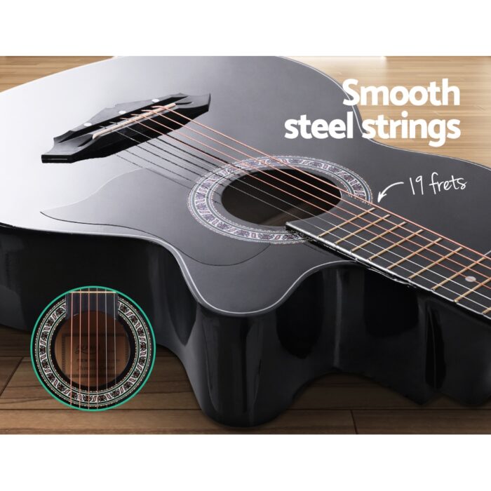 Alpha 38 Inch Acoustic Guitar Wooden Body Steel String Full Size Cutaway Black - Image 4