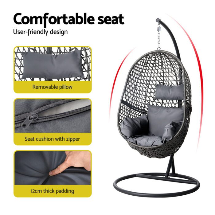 Gardeon Outdoor Egg Swing Chair Wicker Rattan Furniture Pod Stand Cushion Black - Image 4