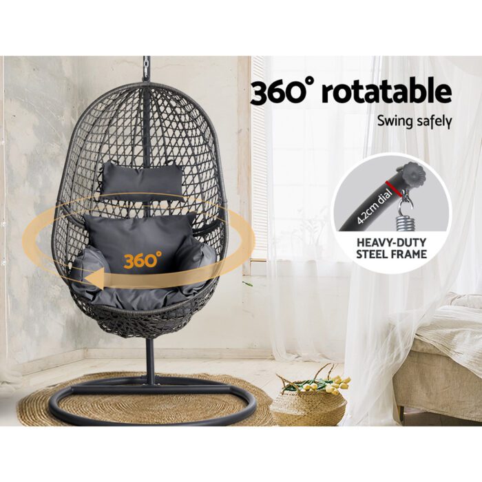 Gardeon Outdoor Egg Swing Chair Wicker Rattan Furniture Pod Stand Cushion Black - Image 5