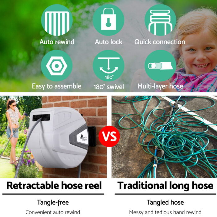 Green Fingers 30M Water Hose Reel Retractable Auto Rewind Wall Mount Garden Spray Gun - Image 4