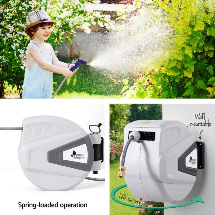 Green Fingers 30M Water Hose Reel Retractable Auto Rewind Wall Mount Garden Spray Gun - Image 5