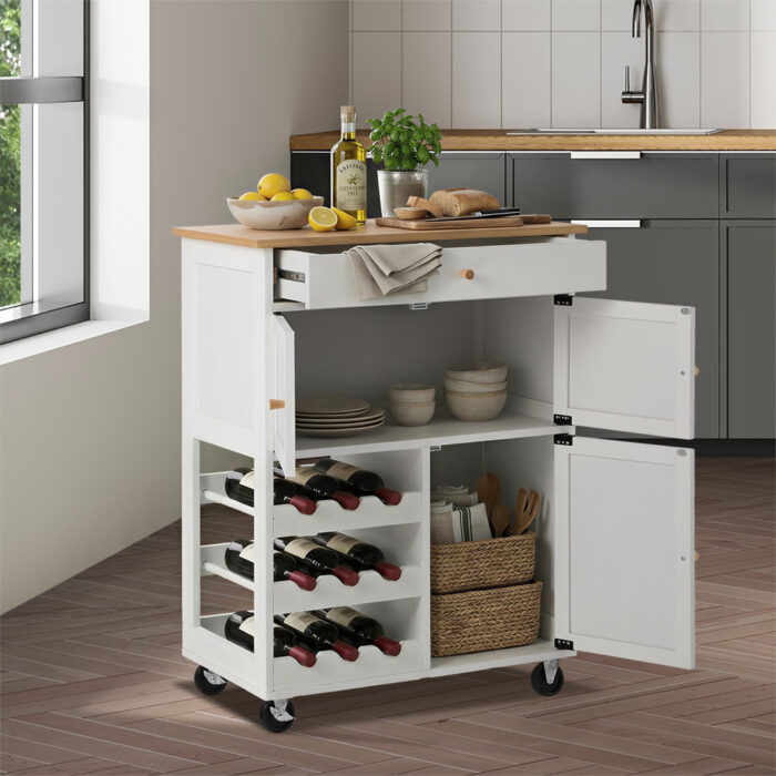 Oikiture Kitchen Trolley Rolling Serving Cart Drawer w/ Wine Racks - Image 3