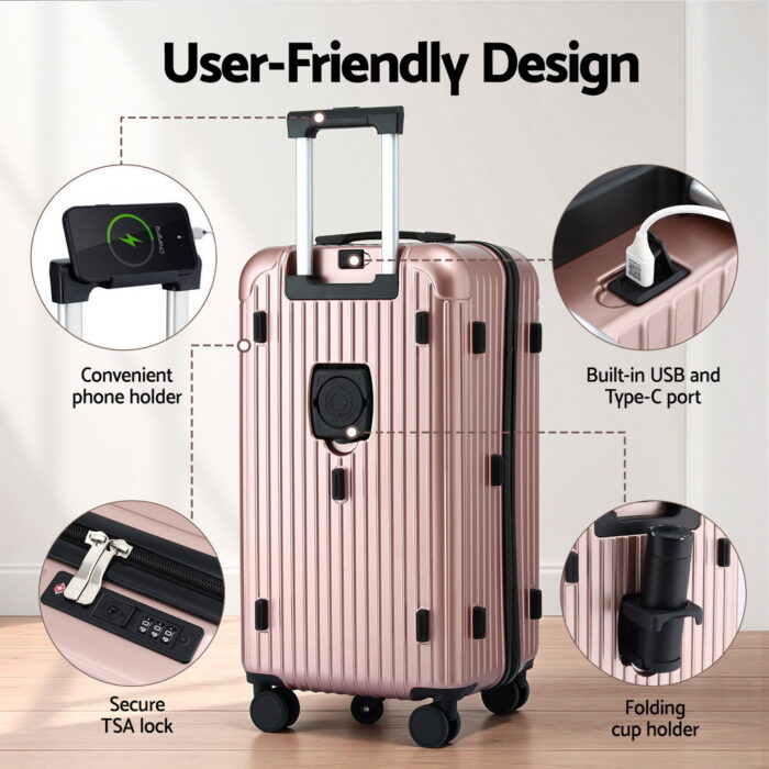 Wanderlite 28" Trunk Luggage Suitcase Travel 5 Wheels Type-C Port TSA Rose Gold - Image 5