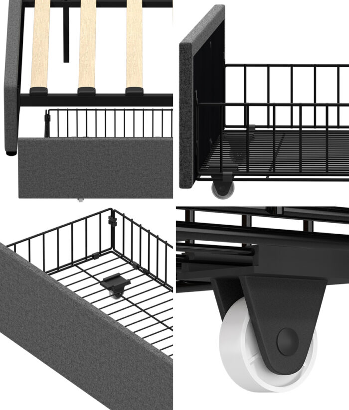 Oikiture 4x Trundle Drawers for Bed Frame w/ Wheels Storage Metal Grey - Image 3