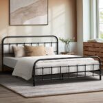 Oikiture Metal Bed Frame Double Size Railing-style Black - Image 7