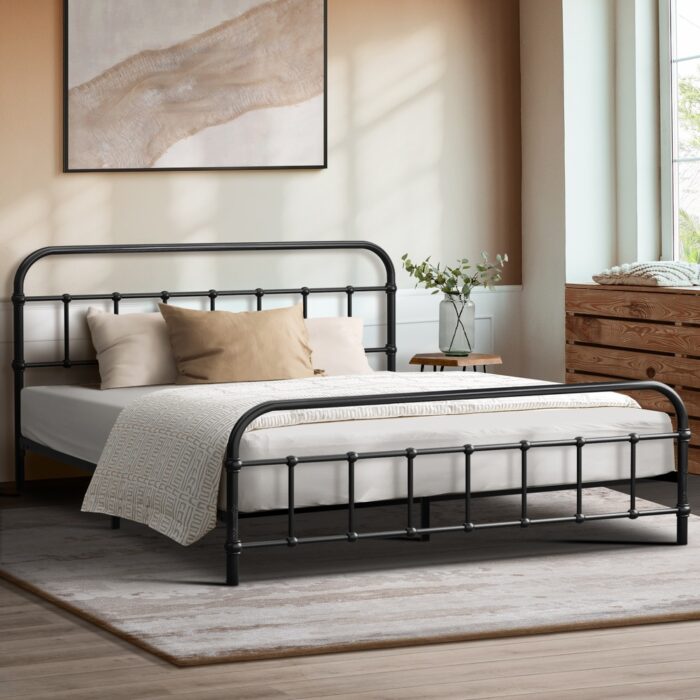Oikiture Metal Bed Frame Double Size Railing-style Black - Image 7
