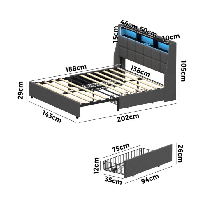 Oikiture Double Size Bed Frame Headboard RGB LED Lights Drawer USB - Image 6