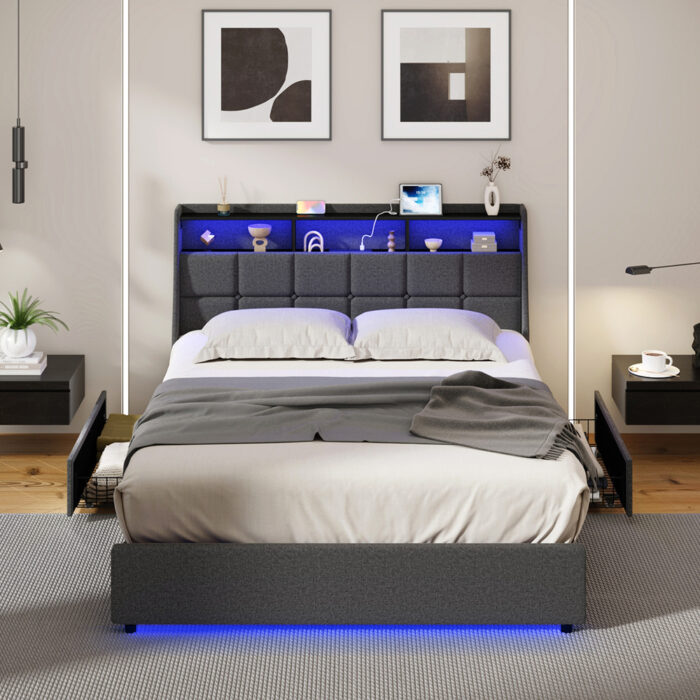 Oikiture Double Size Bed Frame Headboard RGB LED Lights Drawer USB - Image 4