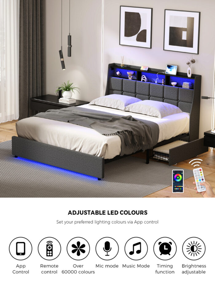 Oikiture Double Size Bed Frame Headboard RGB LED Lights Drawer USB - Image 2