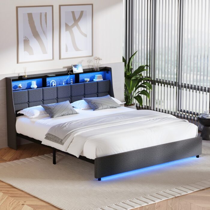 Oikiture King Size Bed Frame With LED Storage Headboard USB Charging - Image 9