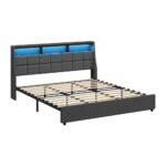 Oikiture King Size Bed Frame With LED Storage Headboard USB Charging