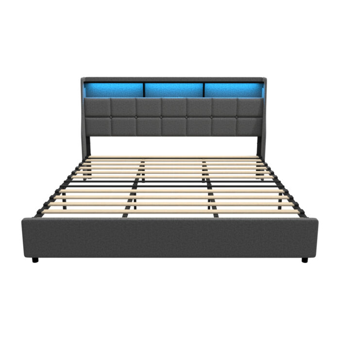 Oikiture King Size Bed Frame With LED Storage Headboard USB Charging - Image 6