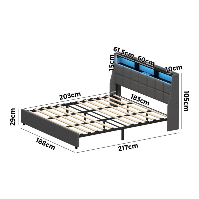Oikiture King Size Bed Frame With LED Storage Headboard USB Charging - Image 7