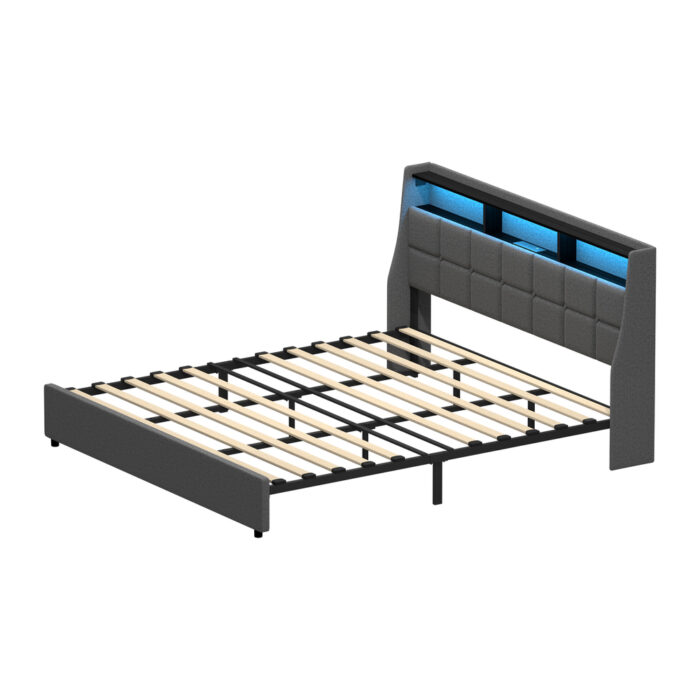 Oikiture King Size Bed Frame With LED Storage Headboard USB Charging - Image 5