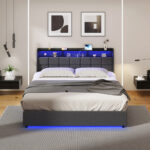 Oikiture King Size Bed Frame With LED Storage Headboard USB Charging - Image 3