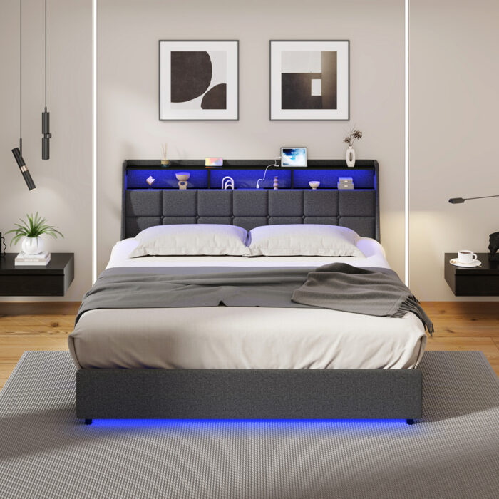 Oikiture King Size Bed Frame With LED Storage Headboard USB Charging - Image 3