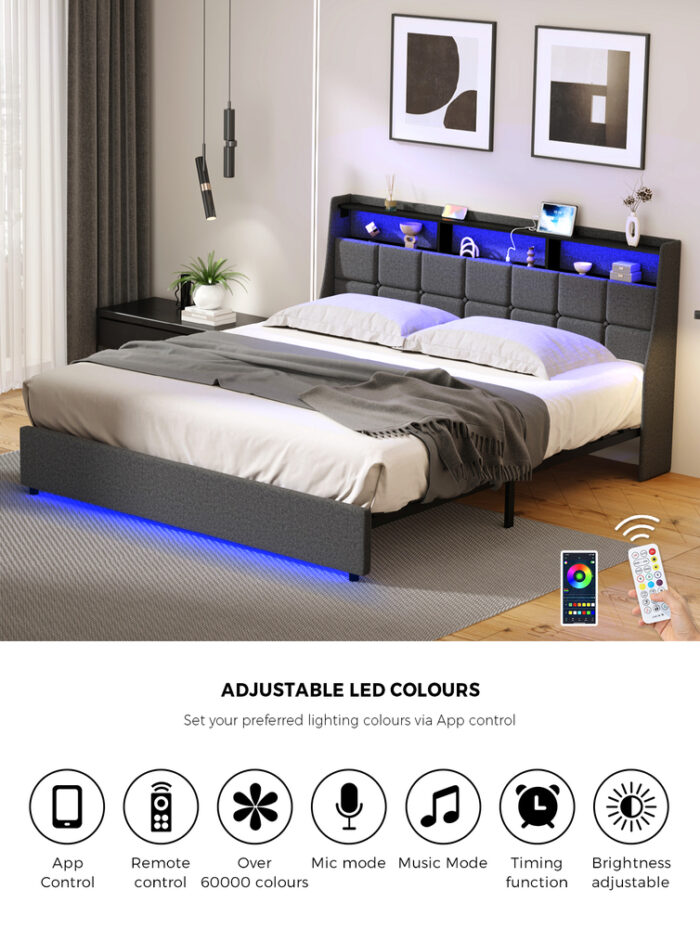 Oikiture King Size Bed Frame With LED Storage Headboard USB Charging - Image 8