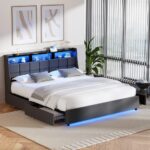 Oikiture King Size Bed Frame Headboard RGB LED Lights with Drawer USB - Image 7