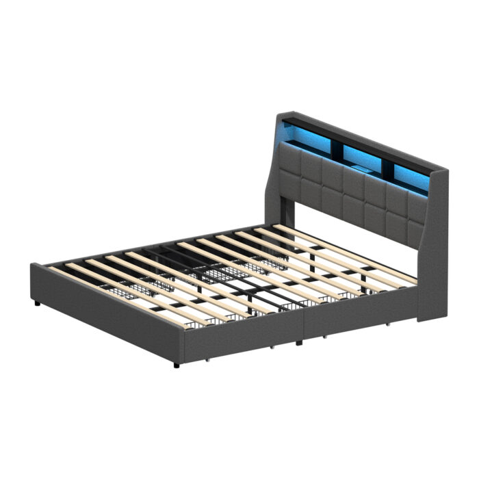 Oikiture King Size Bed Frame Headboard RGB LED Lights with Drawer USB - Image 8