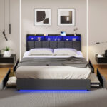 Oikiture King Size Bed Frame Headboard RGB LED Lights with Drawer USB - Image 4