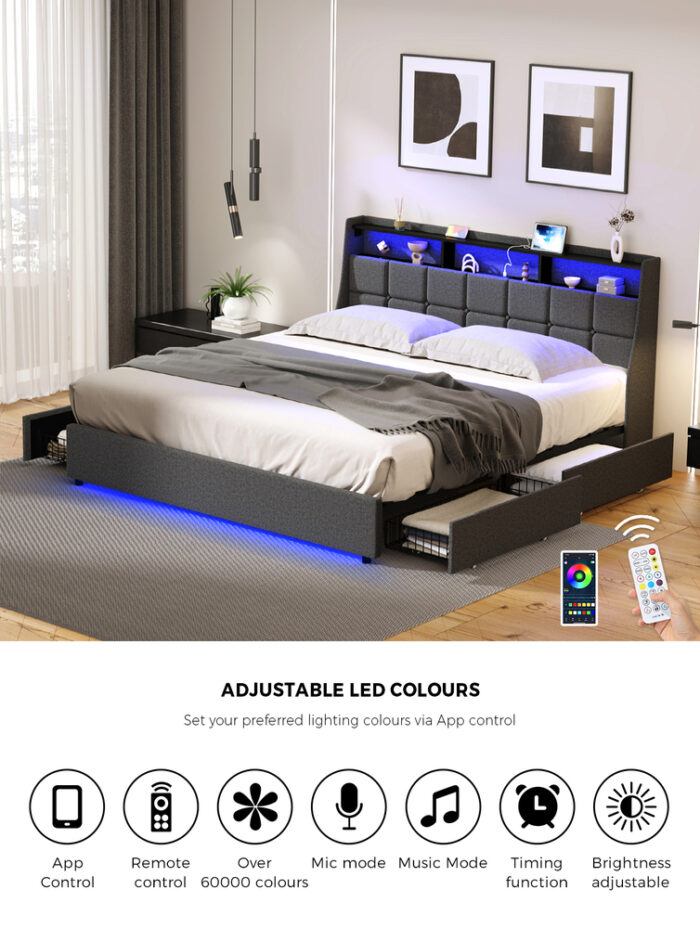 Oikiture King Size Bed Frame Headboard RGB LED Lights with Drawer USB - Image 6