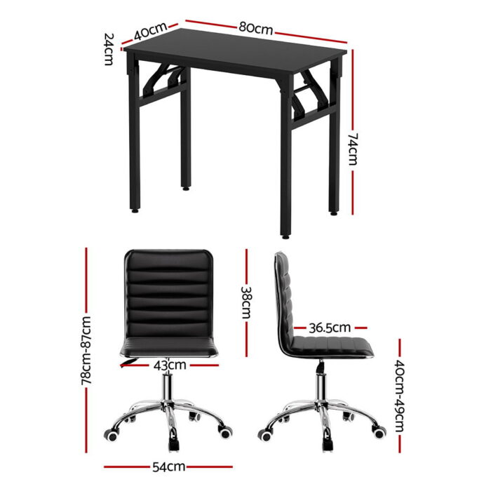 Artiss Computer Desk Office Chair PU Leather Set Foldable Home Study Table Black - Image 2