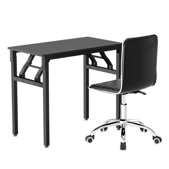 Artiss Computer Desk Office Chair PU Leather Set Foldable Home Study Table Black - Image 3