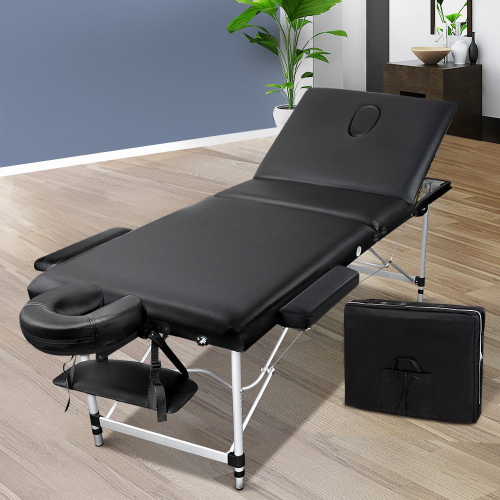MT-ALUM-F4-BLACK-60-202502281948-00 Zenses Massage Table 60cm Portable 3 Fold Aluminium Beauty Bed Black - Image 1