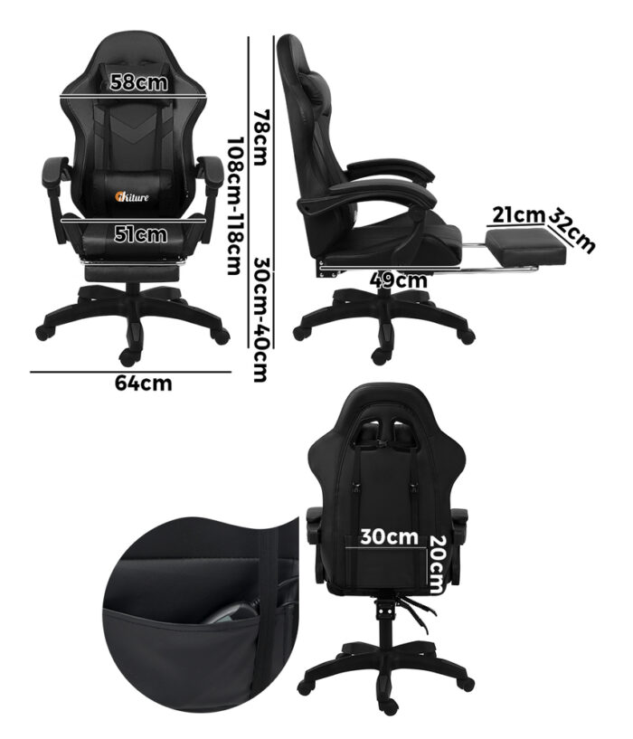 Oikiture Racing Gaming Chair 7 RGB LED 8 Points Massage Black - Image 2
