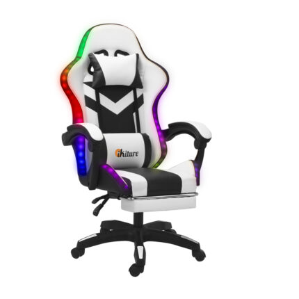 Oikiture Racing Gaming Chair 7 RGB LED 8 Points Massage Black&White