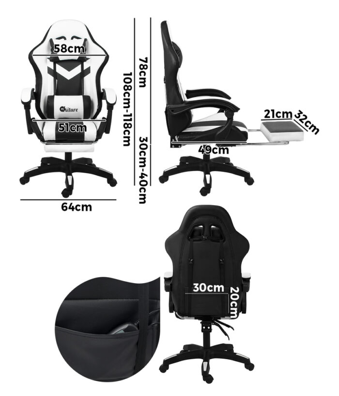 Oikiture Racing Gaming Chair 7 RGB LED 8 Points Massage Black&White - Image 4