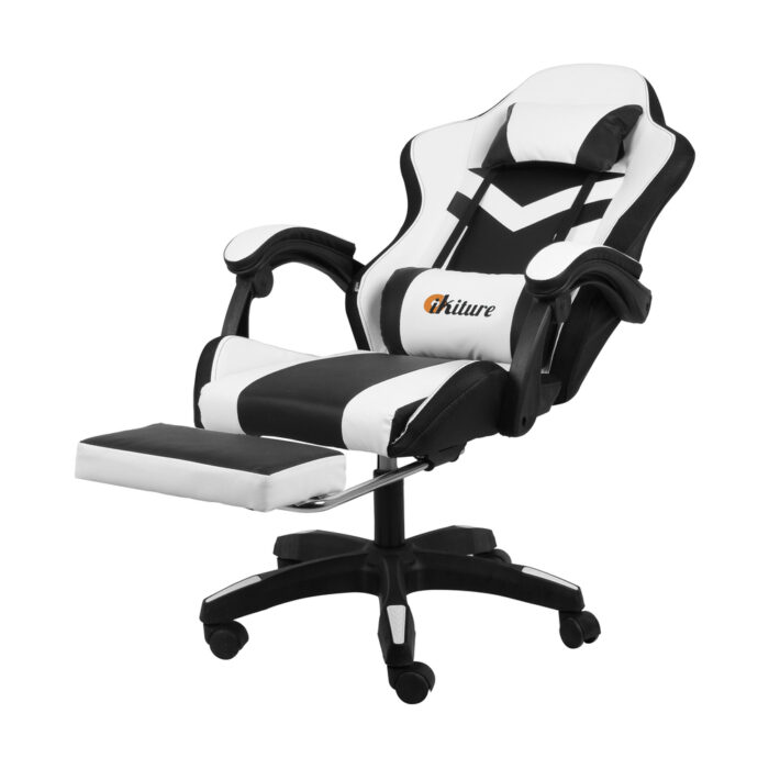 Oikiture Racing Gaming Chair 7 RGB LED 8 Points Massage Black&White - Image 3