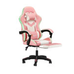 Oikiture Racing Gaming Chair 7 RGB LED 8 Points Massage Pink&White