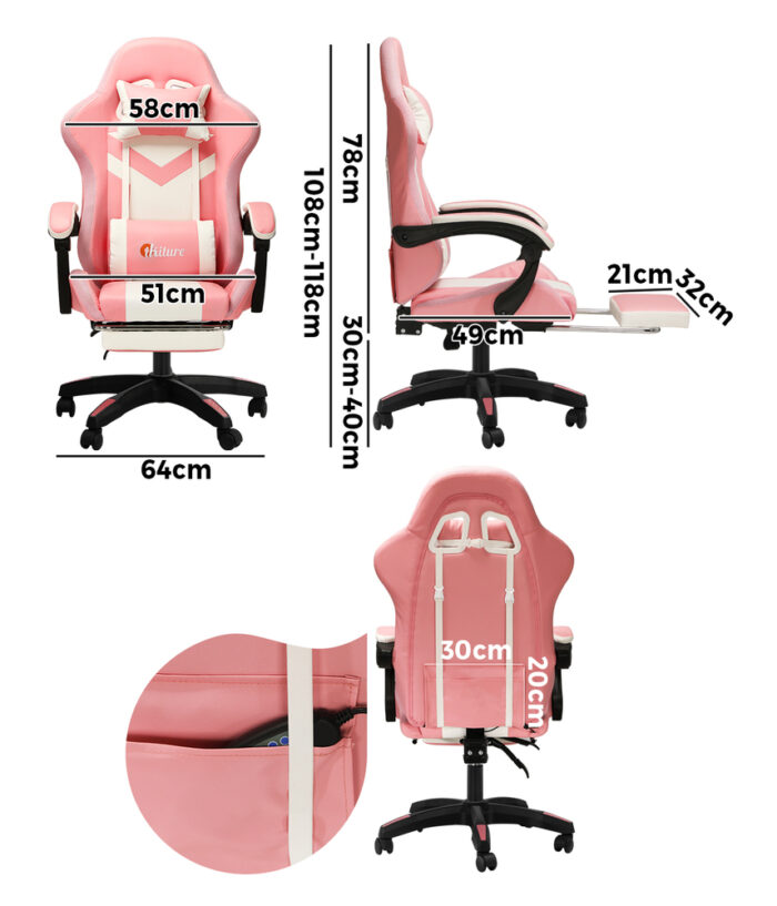 Oikiture Racing Gaming Chair 7 RGB LED 8 Points Massage Pink&White - Image 2