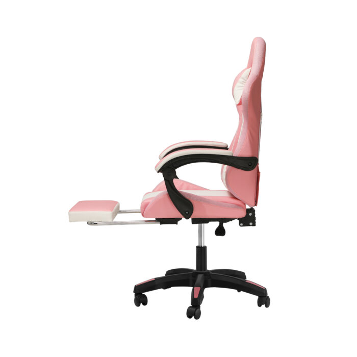 Oikiture Racing Gaming Chair 7 RGB LED 8 Points Massage Pink&White - Image 7