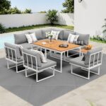 Livsip 8 Seater Outdoor Dining Sofa Set with Side Table White - Image 4