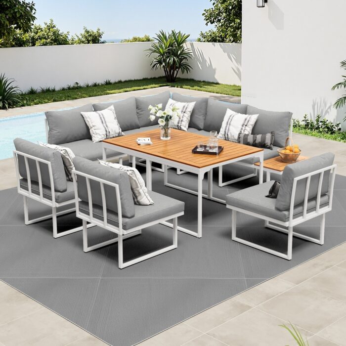 Livsip 8 Seater Outdoor Dining Sofa Set with Side Table White - Image 4